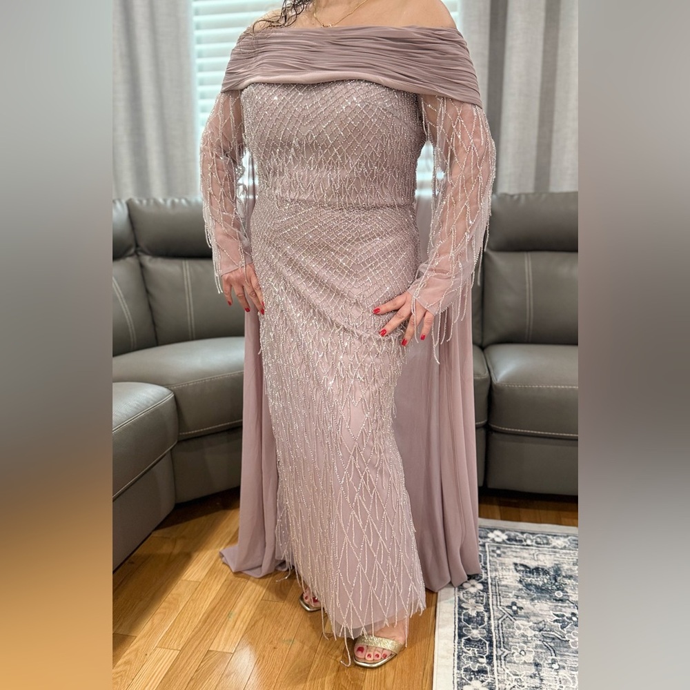 Elegant off the shoulder chiffon gown, Fringe beading